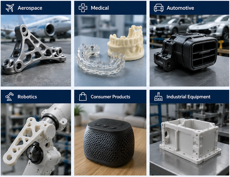 3D printing applications across aerospace, medical, automotive, robotics, consumer products, and industrial equipment